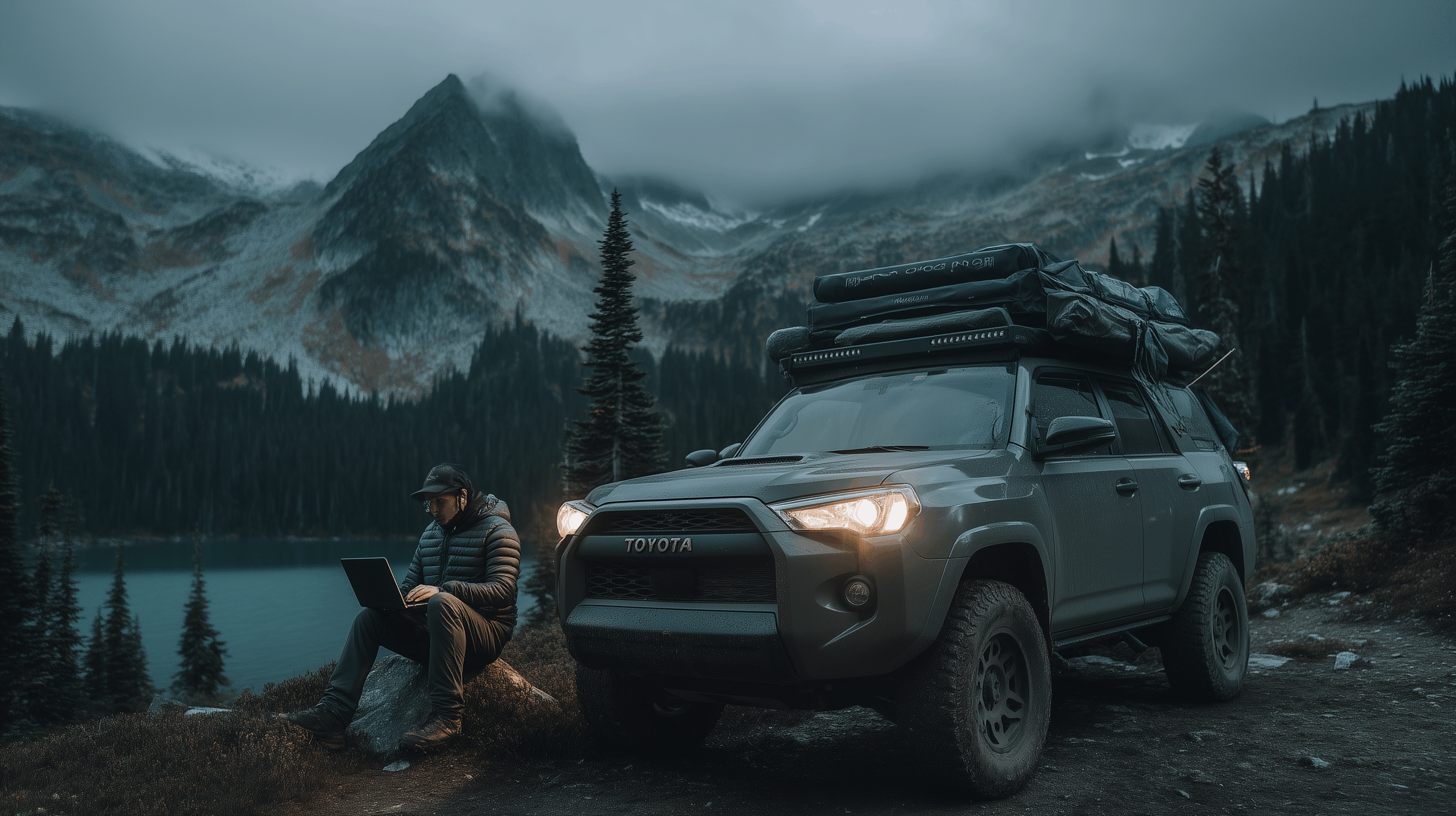 Toyota With Tent Roof Man On Laptop